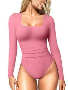 lot 12254 image: OQQ Womens Bodysuits Ruched Long Sleeve Square Neck Lounge Stretch Travel Bodysuits Dry rose (Size XL)