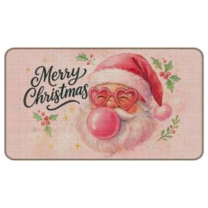 lot 12260 image: M-Qizi Pink Christmas Santa Door Mat, Merry Christmas Holly Berry Doormat Indoor Outdoor Entrance Porch, Santa Snowflake Xmas Winter Holiday Welcome Mats for Front Door Entryway, 17x31 Inches