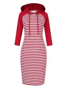 lot 12285 image: Clearlove Womens Stripe Pocket Knee Length Slim Pullover Hoodie Dress (S, RaglanWhite&Red)