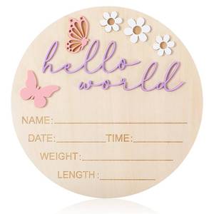 lot 12333 image: Hello World Newborn Sign, 5.9 Inch Wooden Baby Announcement Sign Pink Butterfly Style Birth Welcome Board for Newborn Boys Girls Photo Props Baby Shower Hospital Nursery (Purple)