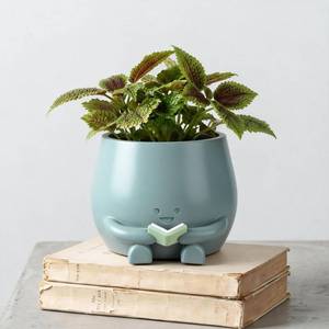 lot 12345 image: ZSHAWN Smiley Face Planter, Book Lover Plant Pot, Resin Bookworm Planter with Drainage Hole Plug, Cute Reading Succulent Pot Happy Face Indoor Desk Bookshelf Home Decor Blue (Damaged)
