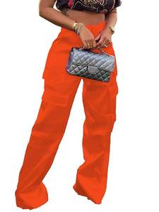 lot 12374 image: Baczoe Orange Cargo Pants for Women Satin Oversized Wide Leg Faux Leather Dressy Casual Trousers Pockets (Orange, S)