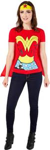 lot 12378 image: Rubies at Party City DC Comics Wonder Woman Costume T-Shirt With Cape And Headband for Adults, Womens Small