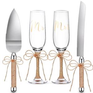 lot 12391 image: Boao 4 Piece Wedding Toasting Flutes and Cake Server Set Champagne Glasses and Cake Knife Server Set with Burlap Bow Mr and Mrs Flute Wedding Reception Supplies