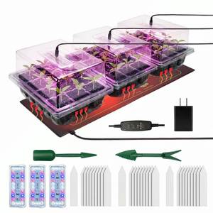 lot 12393 image: Seed Starter Tray 3 Pack with Heating Mat & 24 Full Spectrum LEDs Grow Light �� Auto cycle Timer, Humidity Dome Ventilation Cover, Drainage Holes, Includes Gardening Tools �� Transparent version
