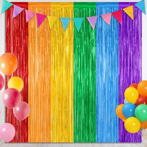 lot 12402 image: 2 Pack Rainbow Backdrop Curtains, 3.28 FT x 7.05 FT Colofull Party Decorations, Metallic Tinsel Backdrop Fringe Curtains Party Streamer, Rainbow Party Supplies for Wedding Birthday Party Engagement