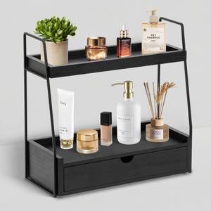 lot 13056 image: 2-Tier Bathroom Organizer Countertop with Drawer, Wood Counter Organizer for Bathroom Decor, Sink Shelf for Vanity Storage, Makeup Tray for Perfume Skincare, Spice Rack Bedroom Kitchen Corner