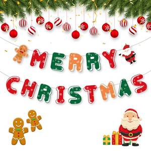 lot 14124 image: Merry Christmas Decorations Banners - Paper Christmas Banner, Santa Claus Reindeer Sign Garland Backdrop for Winter Xmas Indoor Outdoor Home Office Fireplace Wall Party Decor Supplies Favors Props