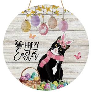 lot 14137 image: YINENA Easter Cat Egg Door Sign Wood Door Hanger Outdoor Porch Decor Holiday Farmhouse Wooden Wreath Indoor Wall Hanging Decoration