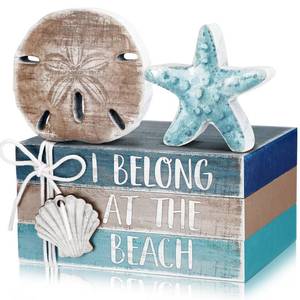 lot 14148 image: Anglechic 5 Pcs Summer Beach Table Decoration Starfish Tiered Tray Decorations Wooden Summer Blue Signs Centerpiece Decorative Book Block Decor for Farmhouse Table Home Tabletop Bookshelf Decorations