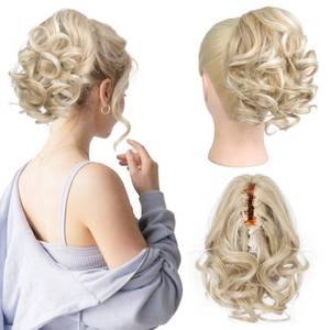 lot 14154 image: REECHO 9 Short Ponytail Extension, Classic Loose Curly Wavy Claw Clip Pony tails Hair Extensions HP001 Hairpieces for Women - Natural Blonde with Highlights