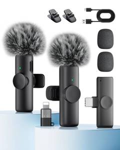 lot 14179 image: Wireless Microphone for iPhone iPad and Android Phone, 2 Pack Wireless Lavalier Lapel Mic with Noise Reduction, Plug and Play Mini Microphone for Video Recording Interview Podcast YouTube TikTok Vlog