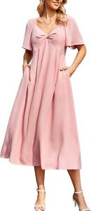 lot 14236 image: Kikibell Summer Dresses for Women Semi Formal Wedding Guest Midi Dress V Neck Back Tie Flowy Vacation Outfits with Pockets, Size Large