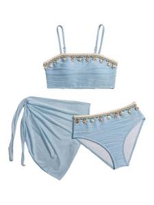 lot 14239 image: SHENHE Girls Swimsuits 3 Piece Seashell Spaghetti Strap Textured Bathing Suit with Cover Up Light Blue 10Y