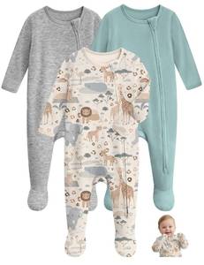 lot 14240 image: Unnivoll Baby Pajamas 100% Cotton Baby Sleepers for Newborn 3Pcs Footie Pajamas Baby Boys Girls Clothes, Soft Infant Footed PJs with Mitten Cuffs, Two Way Zipper, Long Sleeve