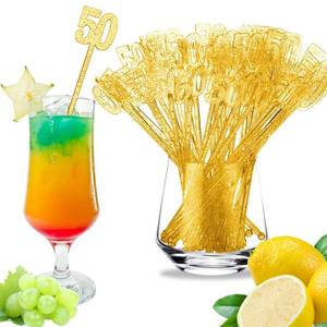 lot 14250 image: Reallnaive 100 Pcs 50th Birthday Drink Stirrers Gold Glitter Cocktail Stirrers Plastic Swizzle Sticks 7.5 Inch Fall Birthday Cupcake Toppers Sticks Bulk for Coffee Bar Cake Pops Christmas Party Favor
