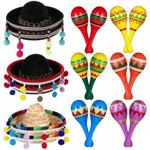 lot 14251 image: Honoson 12 Pcs Wooden Fiesta Maracas 6 Cinco De Mayo Mini Sombrero Top Hat for Sombrero Mexican Party Decor(18 Pcs,Stylish Style)