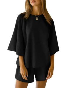 lot 14256 image: Tankaneo Womens XL Pajama Sets 34 Sleeve Oversized Tops and Elastic Waist Shorts Lounge Sets Loungewear Black
