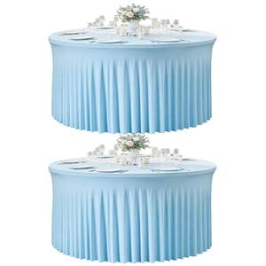 lot 14258 image: Fixoro 2 Pack Baby Blue Round Spandex Tablecloth for 60 Inch Round Table, 120 Inch Stretch Fitted Tablecloth, Wrinkle-Free Table Cover with Skirt for Birthday, Wedding, Banquet, Party Decor