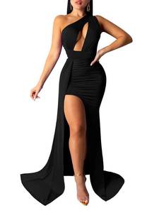 lot 14261 image: LAGSHIAN Women XL Sexy Elegant One Shoulder High Split Cutout Long Evening Dress Black
