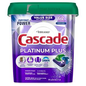 lot 14262 image: Cascade Platinum Plus Dishwasher Pods, Dish Detergent Soap, Clean Scent, 62 Count