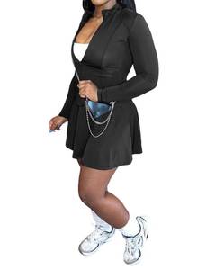 lot 14284 image: Women 2 Piece Tennis Dresses Long Sleeve Zipper Crop Top High Waist Pleated Tennis Skirt Travel Clothing Sets Black XXL