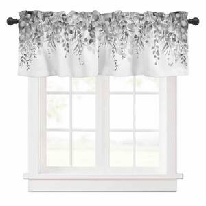 lot 14287 image: Curtain Valance for Windows Gray Eucalyptus Rod Pocket Valance Window Treatments 1 Panel Watercolor Leaves Short Curtains for Kitchen Windows Bathroom Bedroom 42x12in