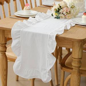 lot 14295 image: Windkream White Ruffled Ruffled Table Runner 72 Inches Long Scalloped Table Runner Rustic Cotton Tabletop Farmhouse Decor for Baby Shower Bride Shower Birthday Party Holiday Wedding (Solid Color)