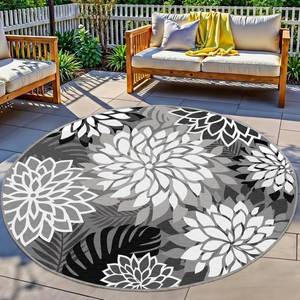 lot 17322 image: 6x6 Outdoor Area Rug Washable Multicolored Patio Rug Tropical Botanical Floral Chenille Waterproof Outdoor Carpet Non-Slip for Patio, Deck, Backyard, Porch, Black