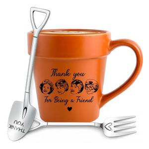 lot 18270 image: Thank You for Being a Friend Golden Girls Double Sided Coffee Mug, Cute Golden Girls Gift with Shovel Spoon & Fork, Funny Retirement Birthday Gift for Women, Friend Gifts for Goldens Girl Fans