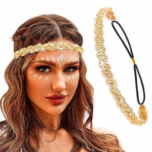 lot 18273 image: Fstrend Elastic Rhinestone Headbands, Carnival Rave Hair Accessories, Sparkly Crystal Braid Headpiece for Women (Gold, M)