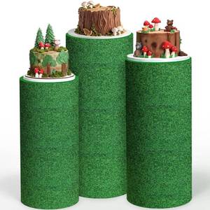 lot 18275 image: Mindsoft Set of 3 Soccer Green Grass Cylinder Stand Covers for Sport Party, Golf Cylinder Pedestal Covers for Wild One Jungle Party Supplies, Safari Woodland Birthday Baby Shower Decoration