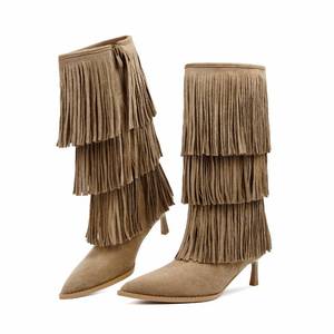 lot 19892 image: Vertundy Womens Tan Fringe Boots Kitten Heel Pointed Toe Mid Calf Boots Tassels Design Fashion Suede Heeled Shoes (Size 8)(Used)