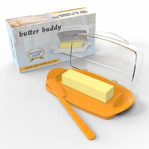 lot 19894 image: Butter Dishes with Lid for Countertop Refrigerator, Clear Butter Dish Plastic Flip Top Lid Butter Container with Spreader, Non-Slip Bottom Butter Holder Keeper (Transparent Cover Orange)
