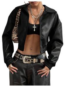 lot 19904 image: BEAUDRM Womens Y2K Faux PU Leather Jacket Crop Zip Up Motorcycle Coat Long Sleeve Drop Shoulder Motor Bike Jacket Streetwear Black Solid Small