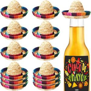 lot 19920 image: Hoolerry 12 Pcs Mini Sombrero Bottles Hats Bulk Tiny Straw Fiesta Beer Bottle Hats Carnival Fiesta Party Decorations