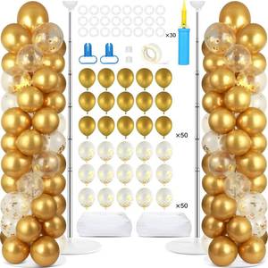 lot 19928 image: 2 Sets Metallic Gold Balloon Column Stand Kit with 100 Balloons Adjustable Balloon Tower Stand with Bases for Floor Gold Confetti Balloons Column Kit for Shower Birthday Wedding Back to School Party