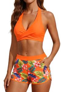 lot 19938 image: Bikini with Shorts for Women - Halter Two Piece Swimsuits High Waisted Bathing Suits with Pocket 2026 Boyshorts Swimwear Orange Flowers S (Used)