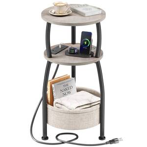 lot 19956 image: Yuede Small Side Table with Charging Station, Round End Table with Basket, USB Port and Outlet, 3 Tiers Sofa Couch Table Bedside Table for Living Room Bedroom, Small Spaces, 11.81in Greige