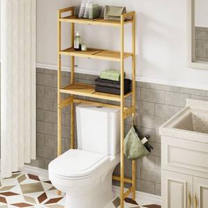 lot 19957 image: AMBIRD Over The Toilet Storage, 3-Tier Bathroom Organizer Over Toilet with Sturdy Bamboo Solid Shelves, Non-Slip Pads and 3 Hooks, Multifunctional Behind Toilet Shelf Rack, Space Saver (Original)