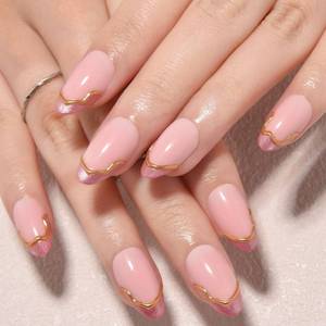 lot 20029 image: evpct French Tip Press On Nails Short Almond, Nude Pink  Gold Line & Pink Cat Eye Tips, Short Almond Fake False Press on Nails, Reusable Gel Stick on nail Press ons with Nail Kit, Salon Quality