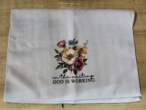 lot 20033 image: In the Waiting God is Working Floral Kitchen Towel