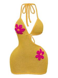 lot 20073 image: WDIRARA Womens Floral Crochet Halter Mini Dress Cut Out Backless Knit Bodycon Vacation Beach Dresses Yellow Medium