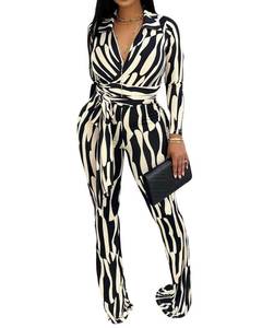 lot 20078 image: Womens 2 Piece Long Sleeve Off Shoulder Printed Tops Bodycon Flare Long Pants Businss Work Office Suit Sets Beige M