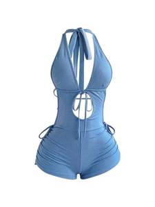 lot 20080 image: Milumia Women Deep V Neck Halter Romper Sexy Backless Y2k Going Out Vacation Short Jumpsuits Blue Small