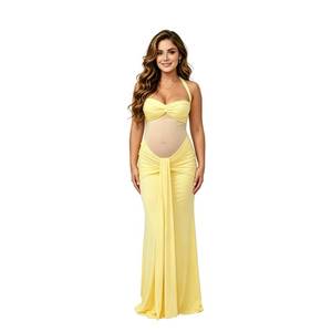 lot 20084 image: Maternity Maxi Dress Halter Neck Sleeveless Ruched with Sheer Cutout & Open Back  Mermaid Gown for Baby Shower, Wedding Photographys Yellow Small