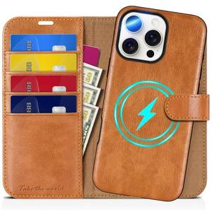 lot 20107 image: TUCCH Wallet Case for iPhone 16 Pro Max, Removable 2 in 1 Wireless Charging RFID Blocking 4 Card Slots PU Leather Cover, Magnetic Detachable Stand Folio Case for iPhone 16 Pro Max, Light Brown