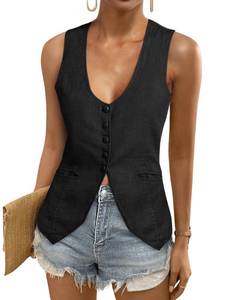 lot 20112 image: Tankaneo Womens Scoop Neck Blazer Vest Summer Linen Sleeveless Fitted Waistcoat Work Casual Cotton Suit Tops (Large)