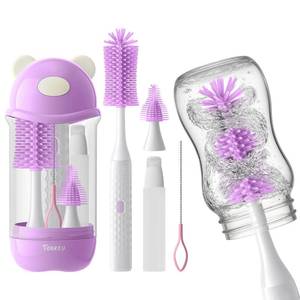 lot 20120 image: Electric Bottle Brush Cleaner Set, Bear-Shaped Travel Baby Bottle Cleaner Kit with Silicone Nipple & Straw Brush, Soap Dispenser, Drainage Rack, Storage Box(Purple)