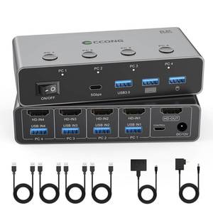 lot 20124 image: 5G USB3.0 HDMI KVM Switch 8K60Hz 4 Computers Share 1 Monitor, KVM Switches 4 Port with 3 USB 3.0 and 1 USB C Ports Share Monitor Keyboard Mouse Printer, with 4 USB 3.0 Cables and Extended Controller